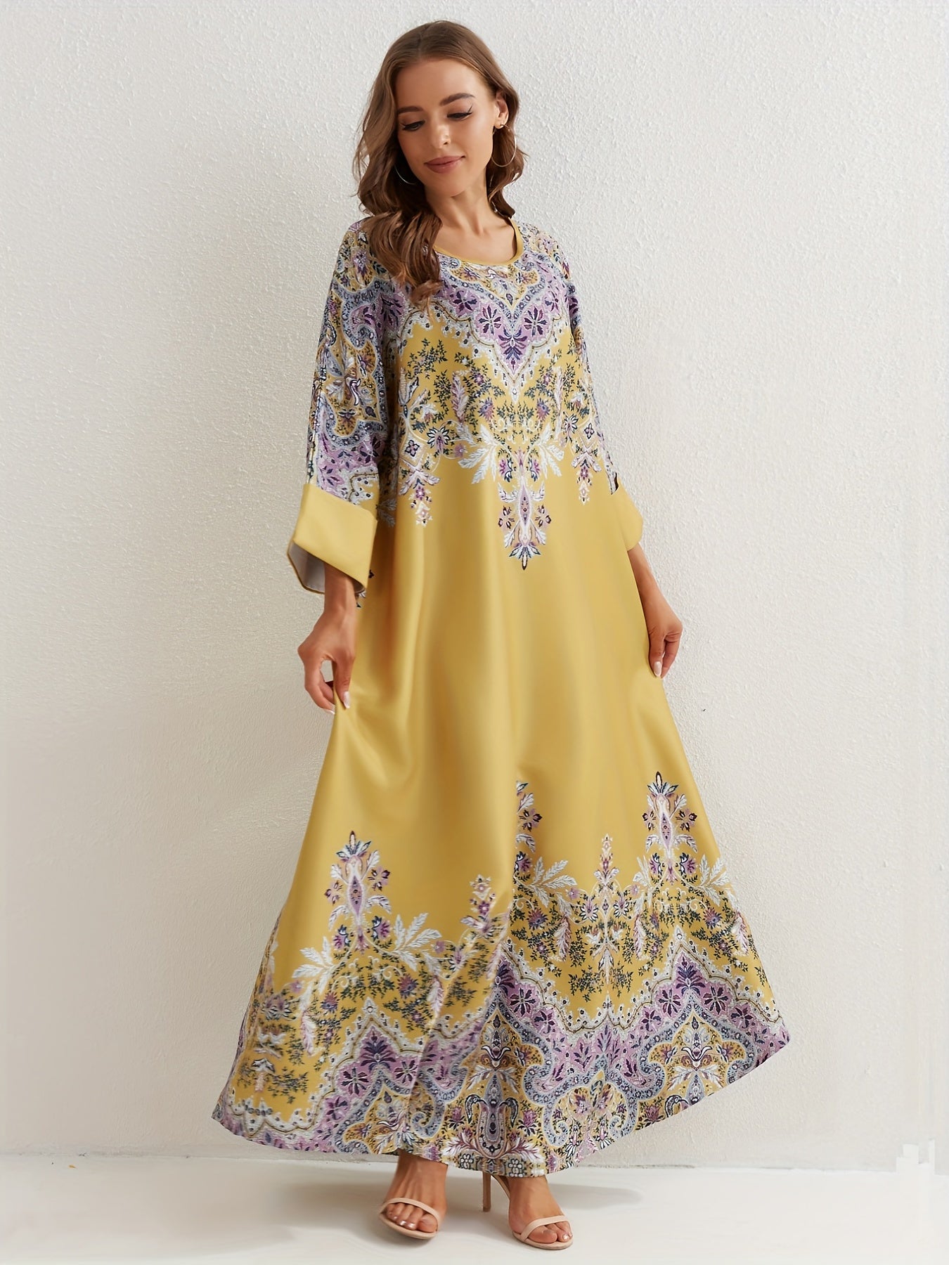  Floral Print Abaya Dress Women's Round Neck Loose Maxi Jalabiya