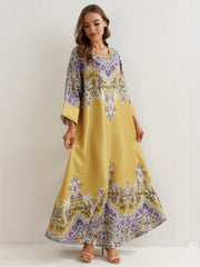  Floral Print Abaya Dress Women's Round Neck Loose Maxi Jalabiya
