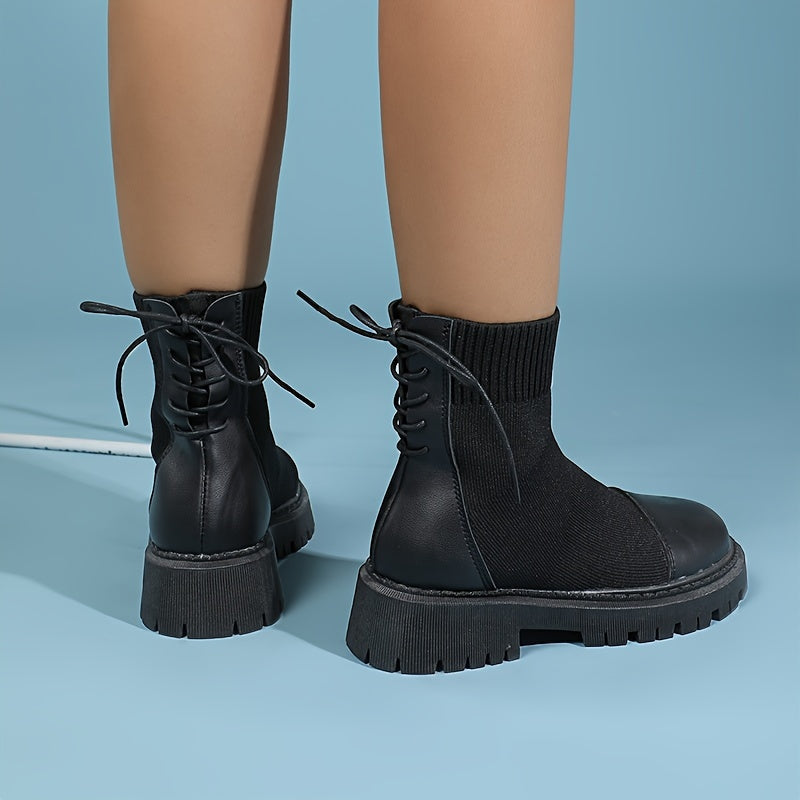 Platform Ankle Stretch Boots Lace Up Round Toe Short Boots