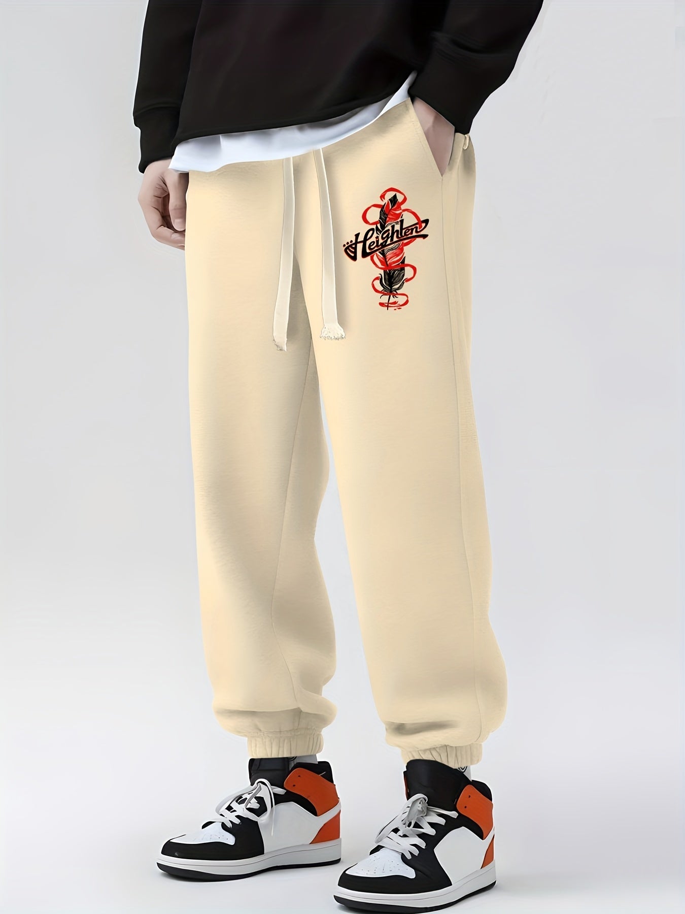 Feather Print Drawstring Sweatpants Loose Fit Pants Men's Casual Joggers