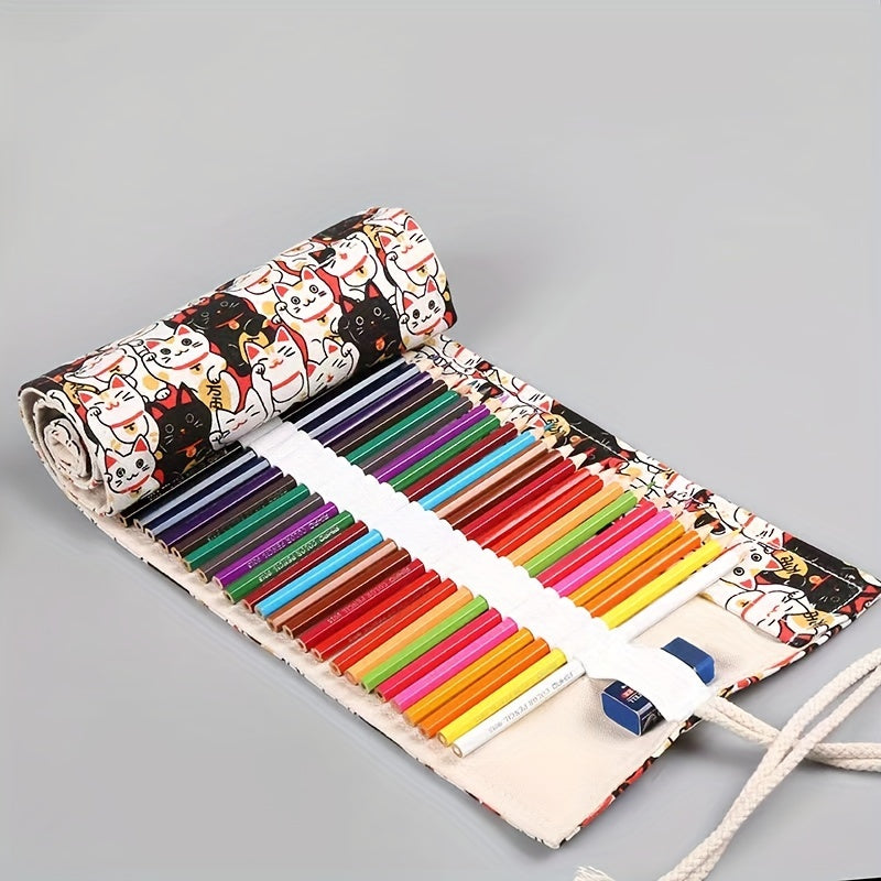 Lucky Cat Canvas Art Pen Curtain Pencil Case Large Capacity Storage Bag