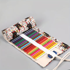 Lucky Cat Canvas Art Pen Curtain Pencil Case Large Capacity Storage Bag