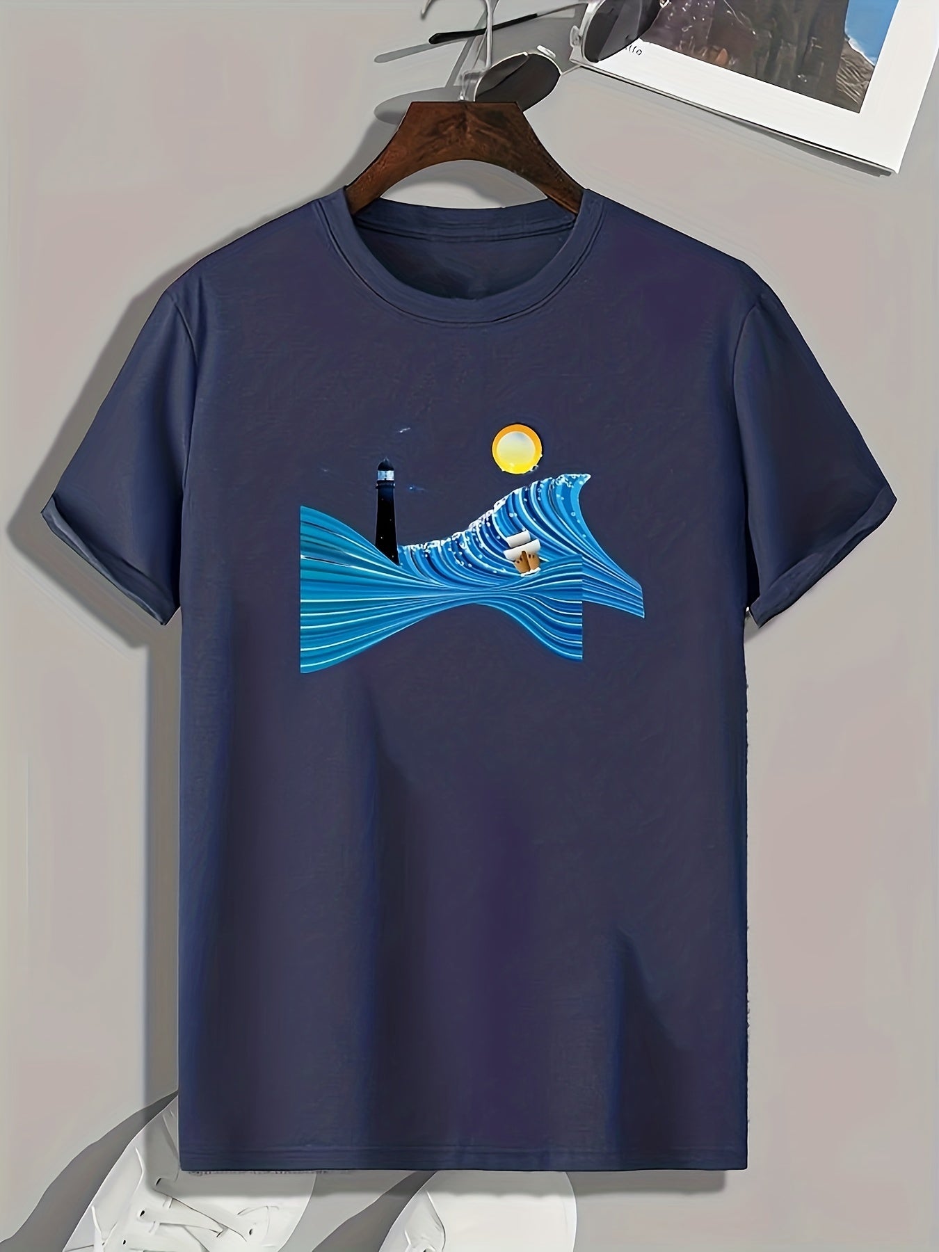 Moonlight Lighthouse Print Men's Graphic T-shirt