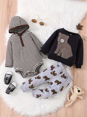 3pcs Boys Bear Print Bodysuit & Sweatshirt & Pants Set for Fall Winter