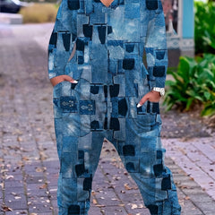  Denim Print Long Sleeve V-Neck Jumpsuit