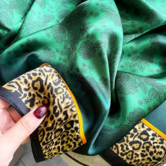 Rose Leopard Print Green Scarf Classic Satin Shawl Silk Head Wrap