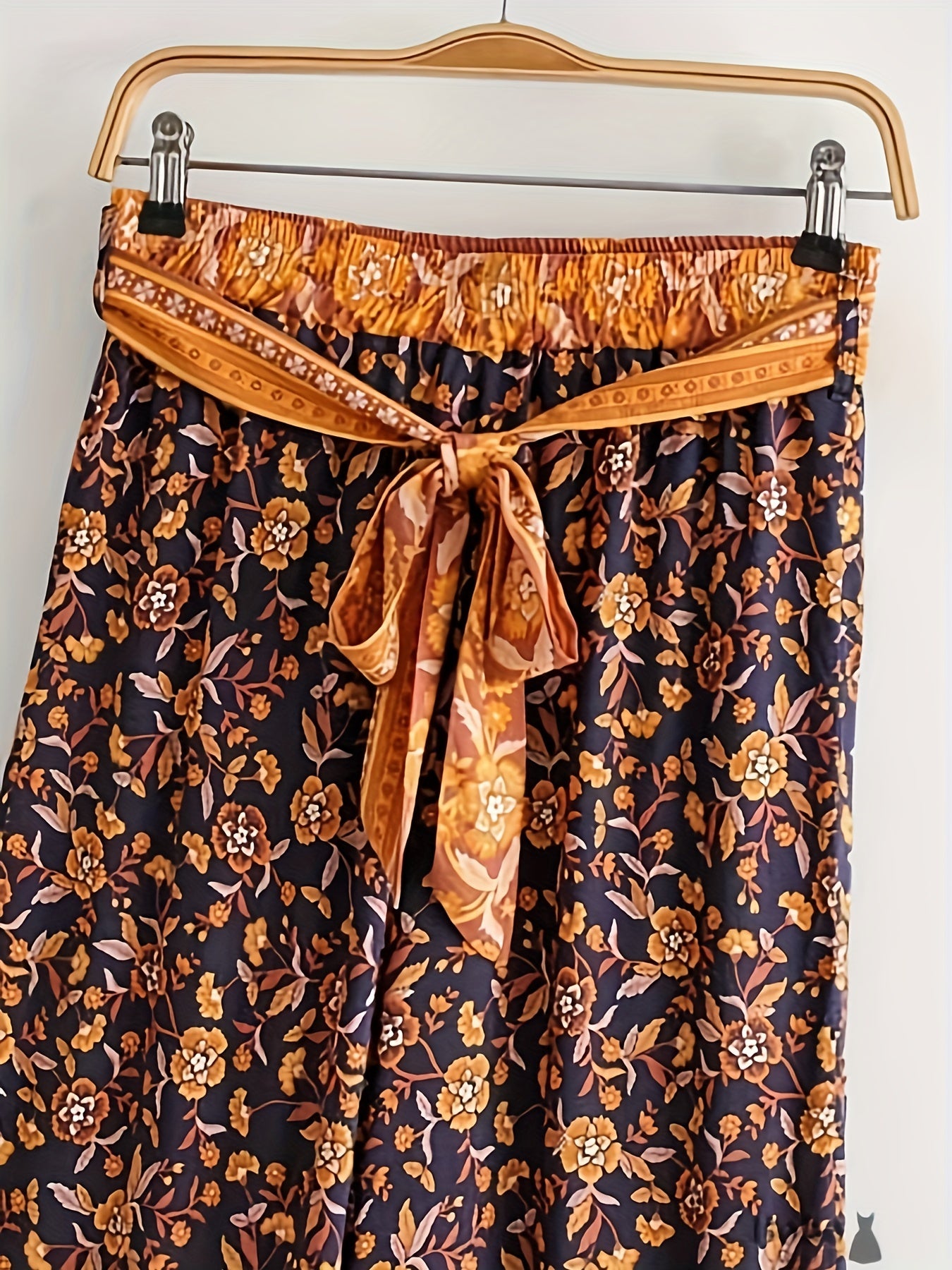  Floral Print Wide Leg Pants Elastic Waist