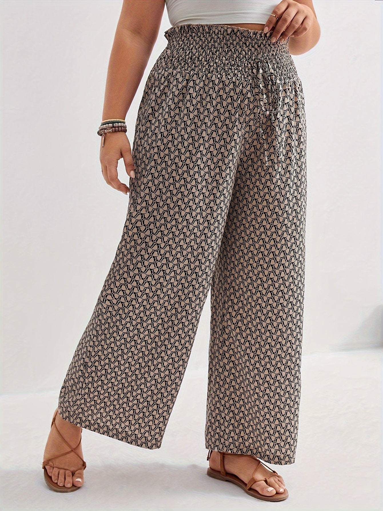  Wide Leg Trousers Allover Print Paperbag Waist