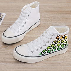 Leopard Heart Print Plush Lined Canvas Sneakers