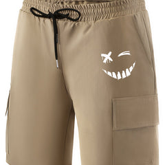 Grimace Floral Heart Pattern Cargo Shorts Men's Casual Pocket Waist Drawstring
