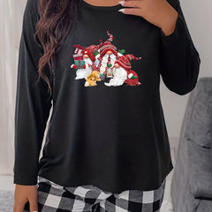  Christmas Gnomes & Rabbit Print Long Sleeve Round Neck Tee