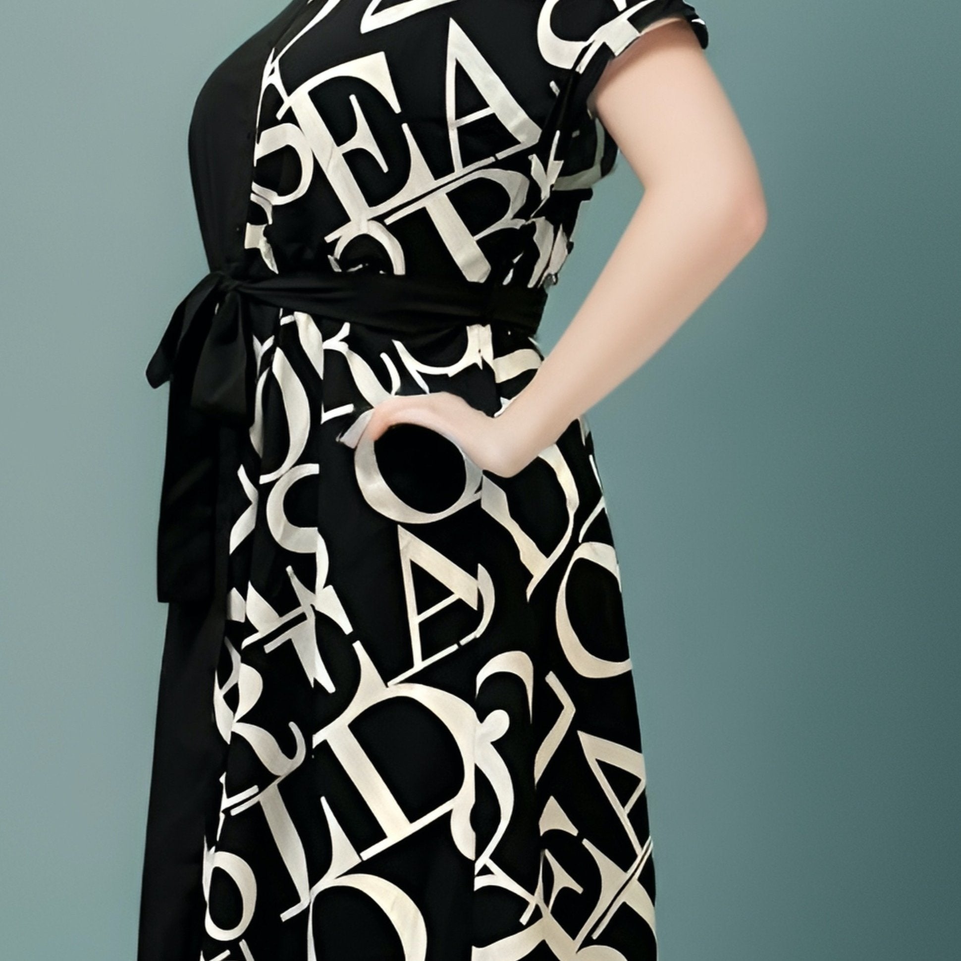  Colorblock Letter Print Shirt Dress With Belt