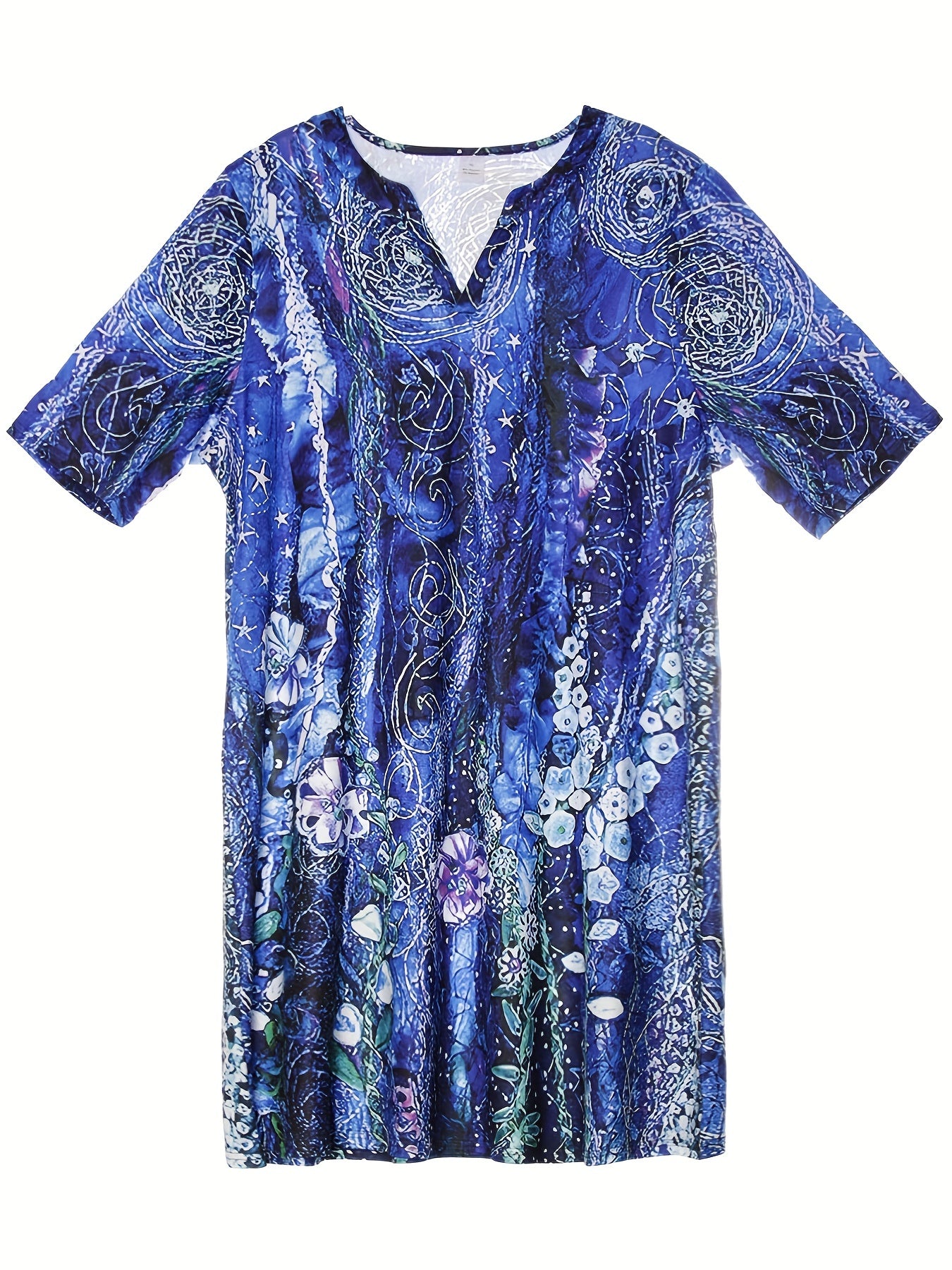  Women's Painting Print Roll Up Sleeve Knee Length Dress