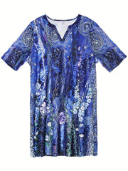  Women's Painting Print Roll Up Sleeve Knee Length Dress