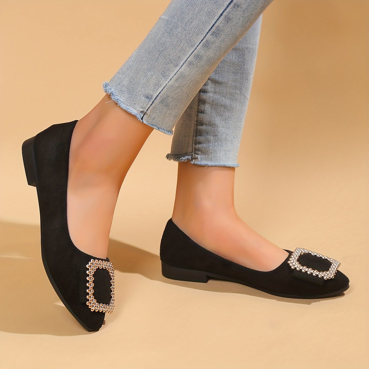Women's Pointed Toe Ballet Flats Square Metallic Decor Slip On Shoes