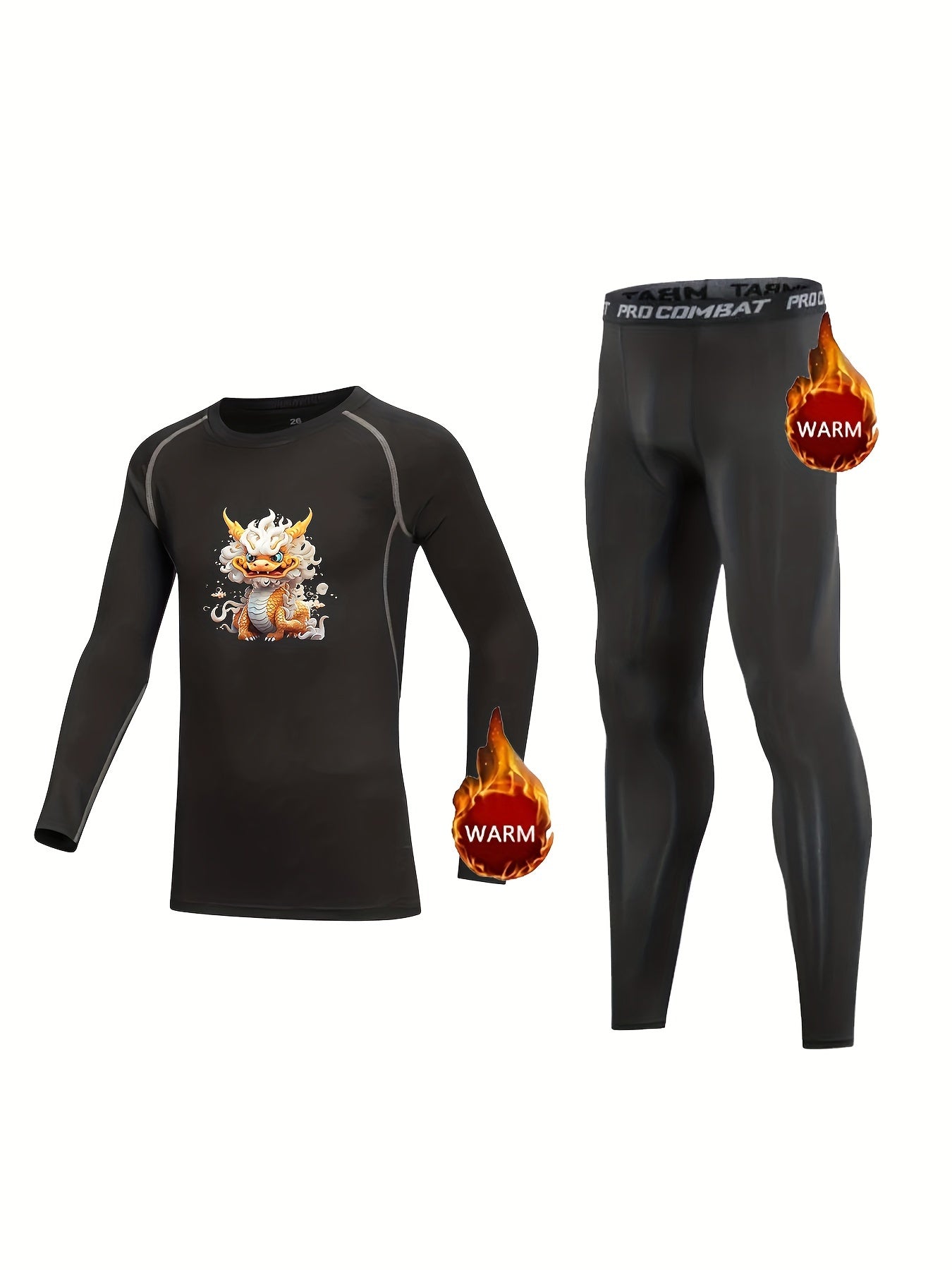 Kids Compression Fleece Sets Dragon Pattern Crew Neck Pullover