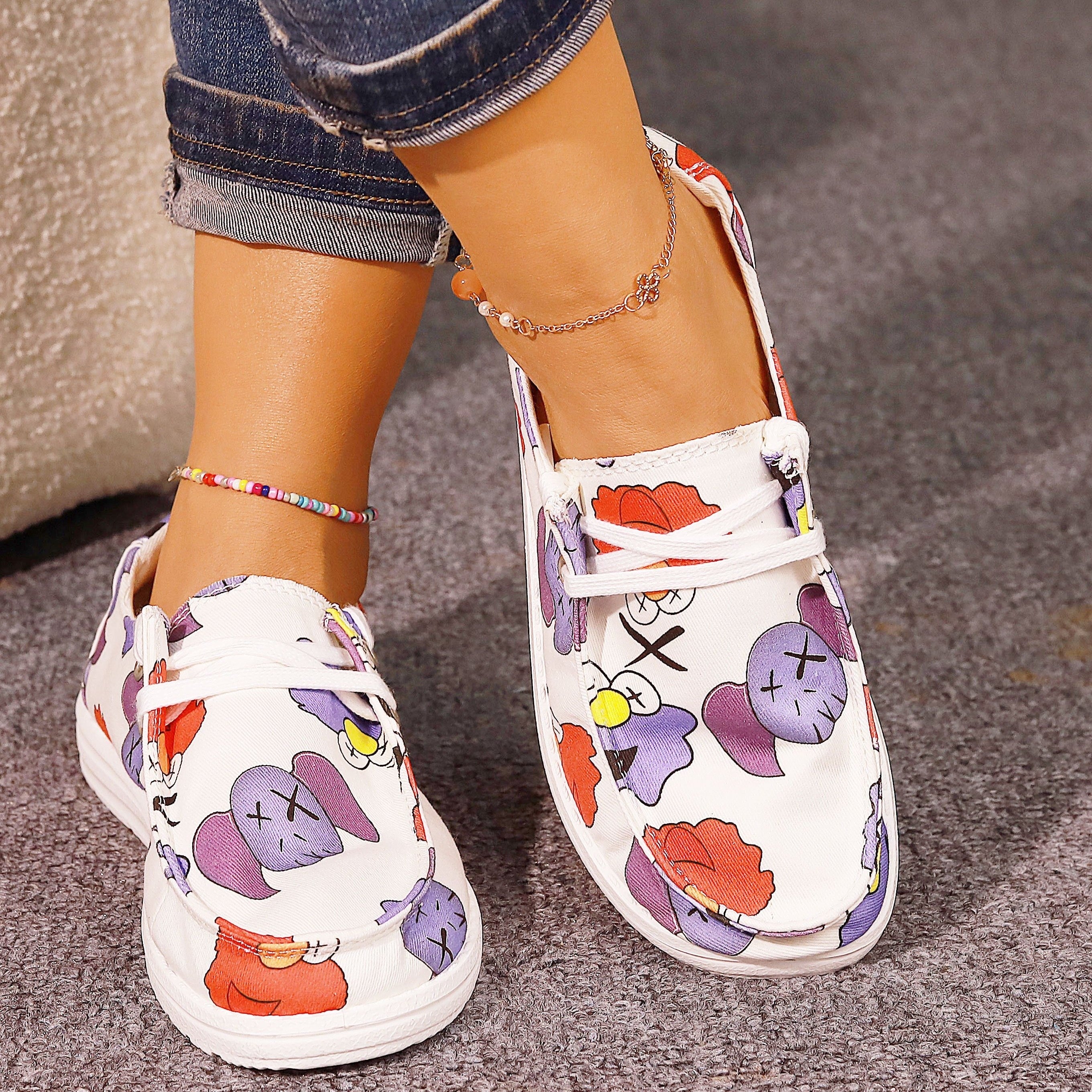 Women's Cartoon Printed Flat Shoes Casual Slip On Canvas Shoes