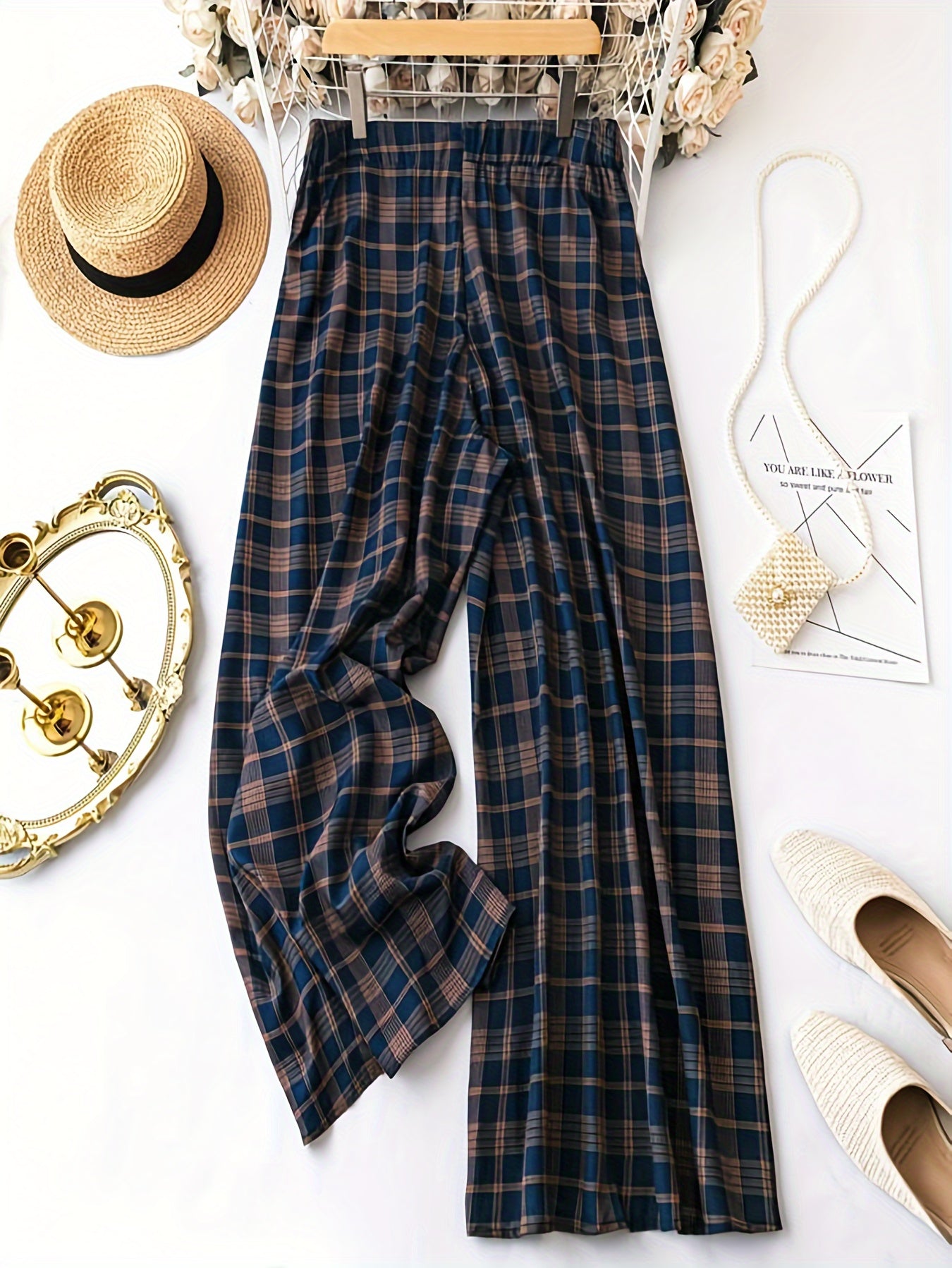 Women's Plus Plaid Wide Leg Stretch Pants