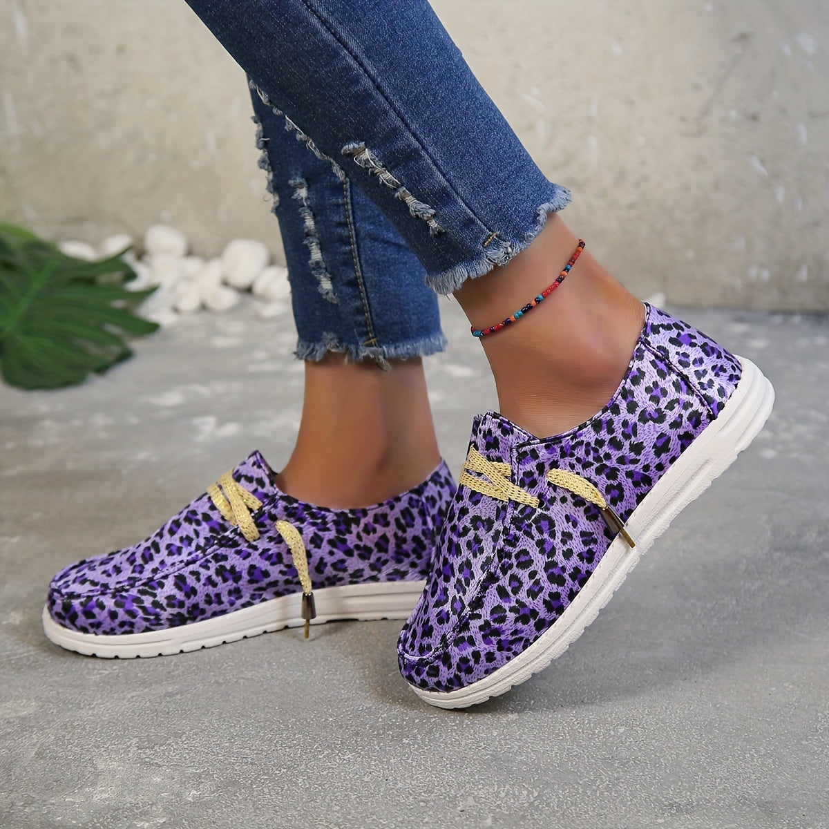 Purple Leopard Print Canvas Shoes Lightweight Lace Up Shoes