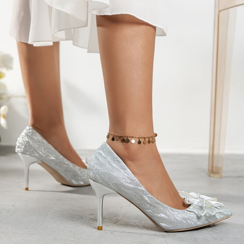 Women's Glitter Bow High Heels Stiletto Pumps