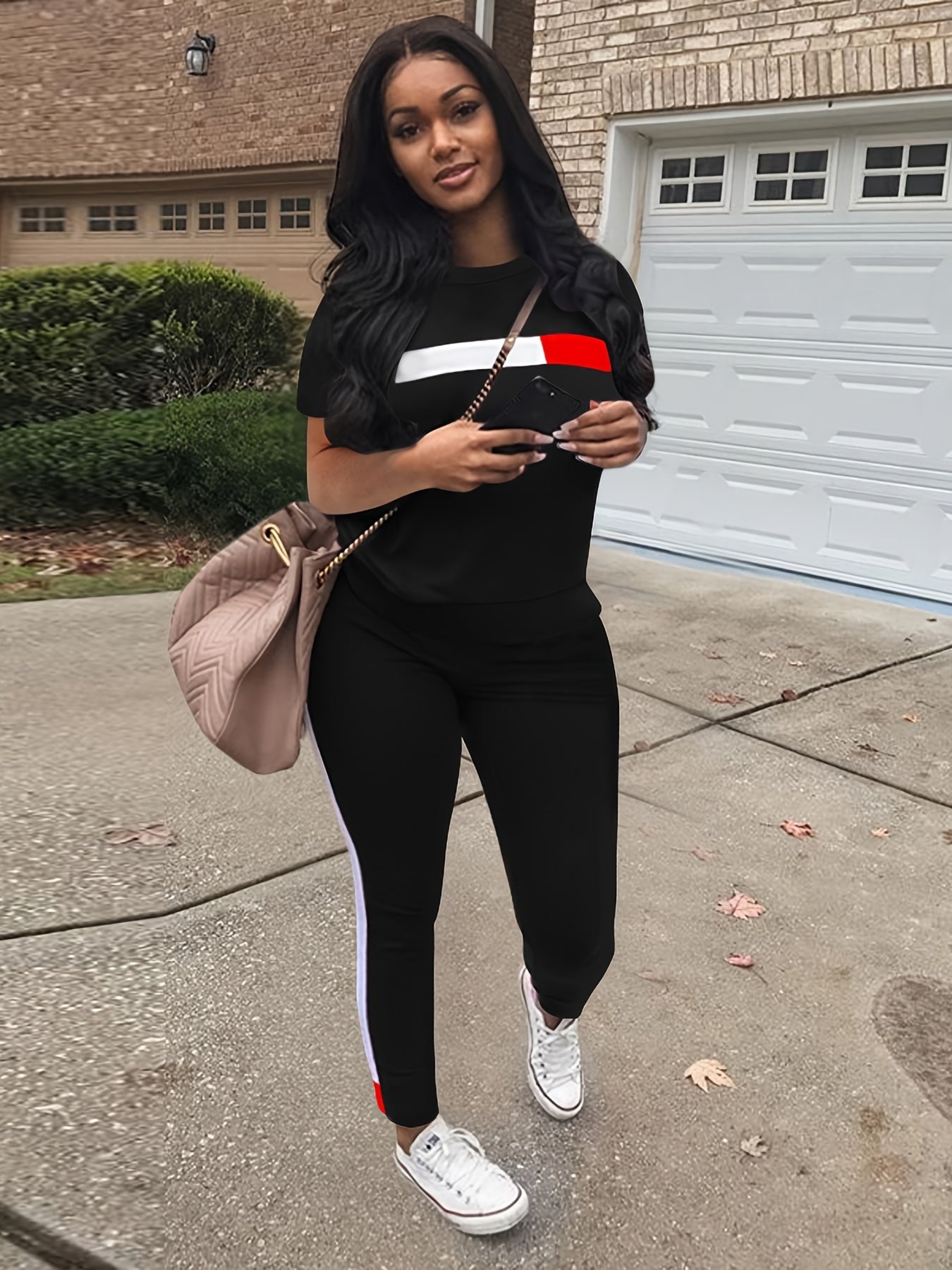 Block Two Piece Set Crew Neck Top & Drawstring Pants