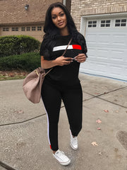 Block Two Piece Set Crew Neck Top & Drawstring Pants