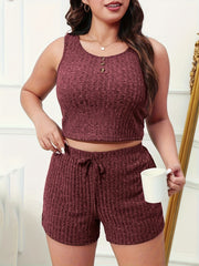  Ribbed Tank Crop Top & Drawstring Shorts Set