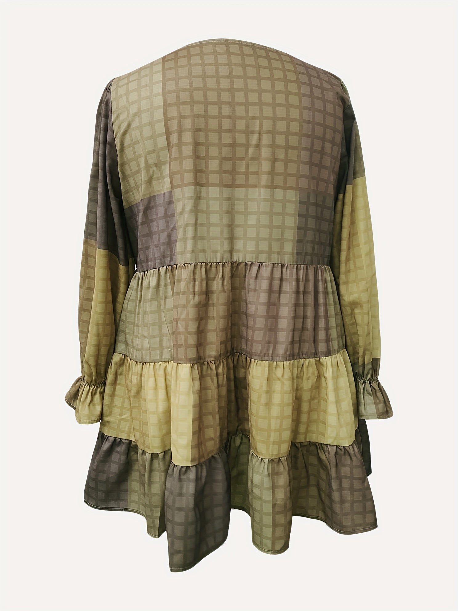  Colorblock Grid Print Lantern Sleeve Smock Dress