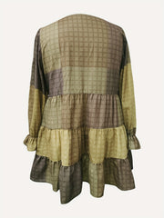  Colorblock Grid Print Lantern Sleeve Smock Dress