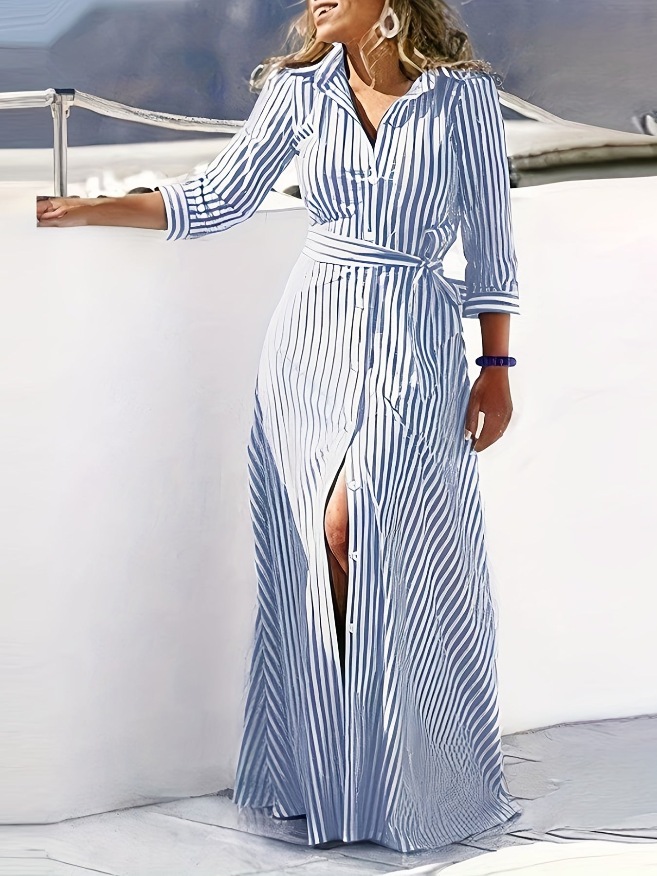  Geometric Print Long Sleeve Shirt Dress With Belt