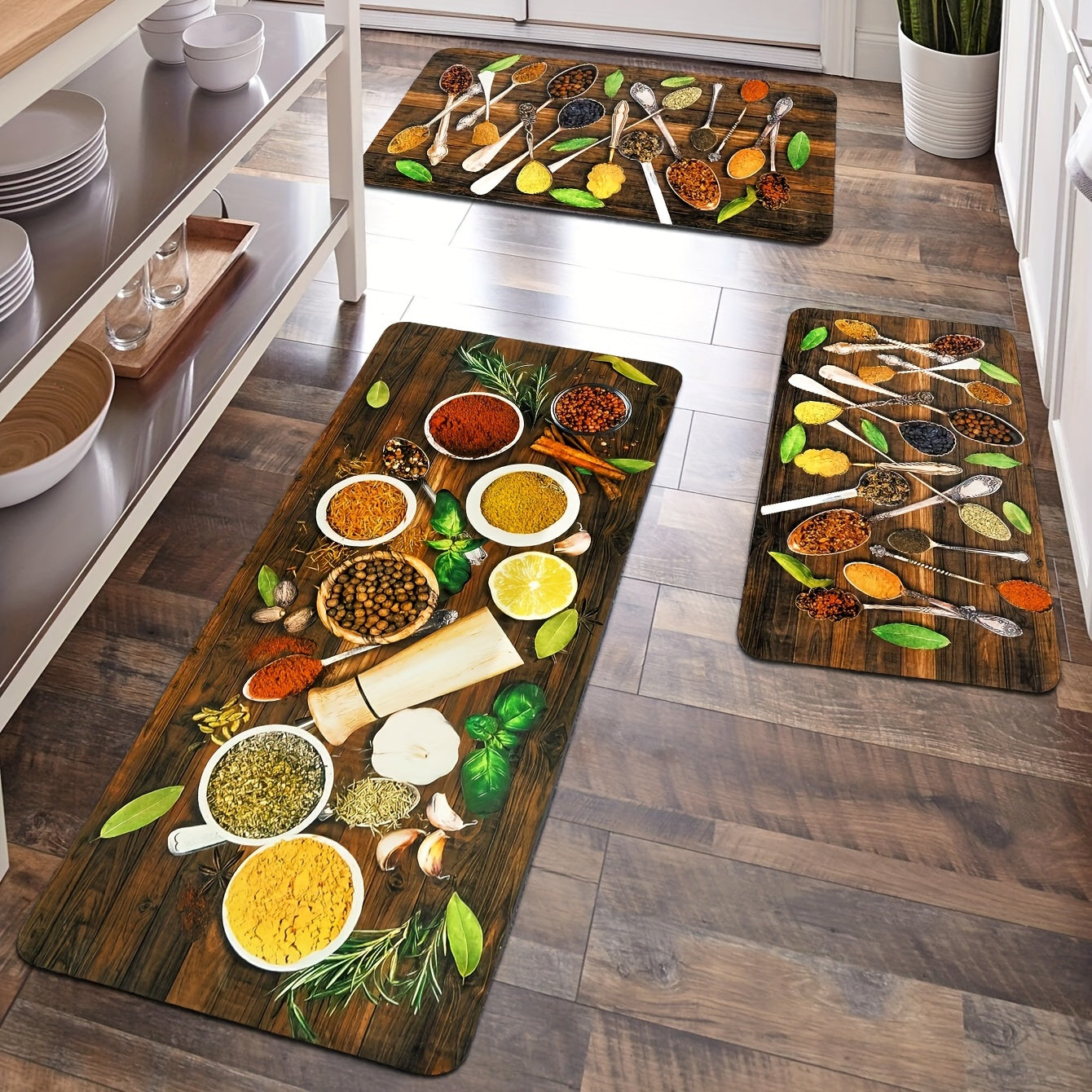 Spice Pattern Kitchen Rug Vintage Wooden Board Absorbent Non Slip