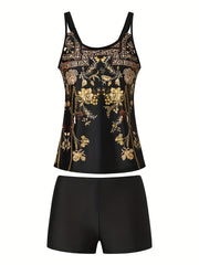  Boho Tankini Set Floral Print Cami Top & Shorts Swimsuit