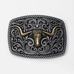 Rectangular Horn Bull Belt Buckle Engraved Vintage Cowboy Buckle
