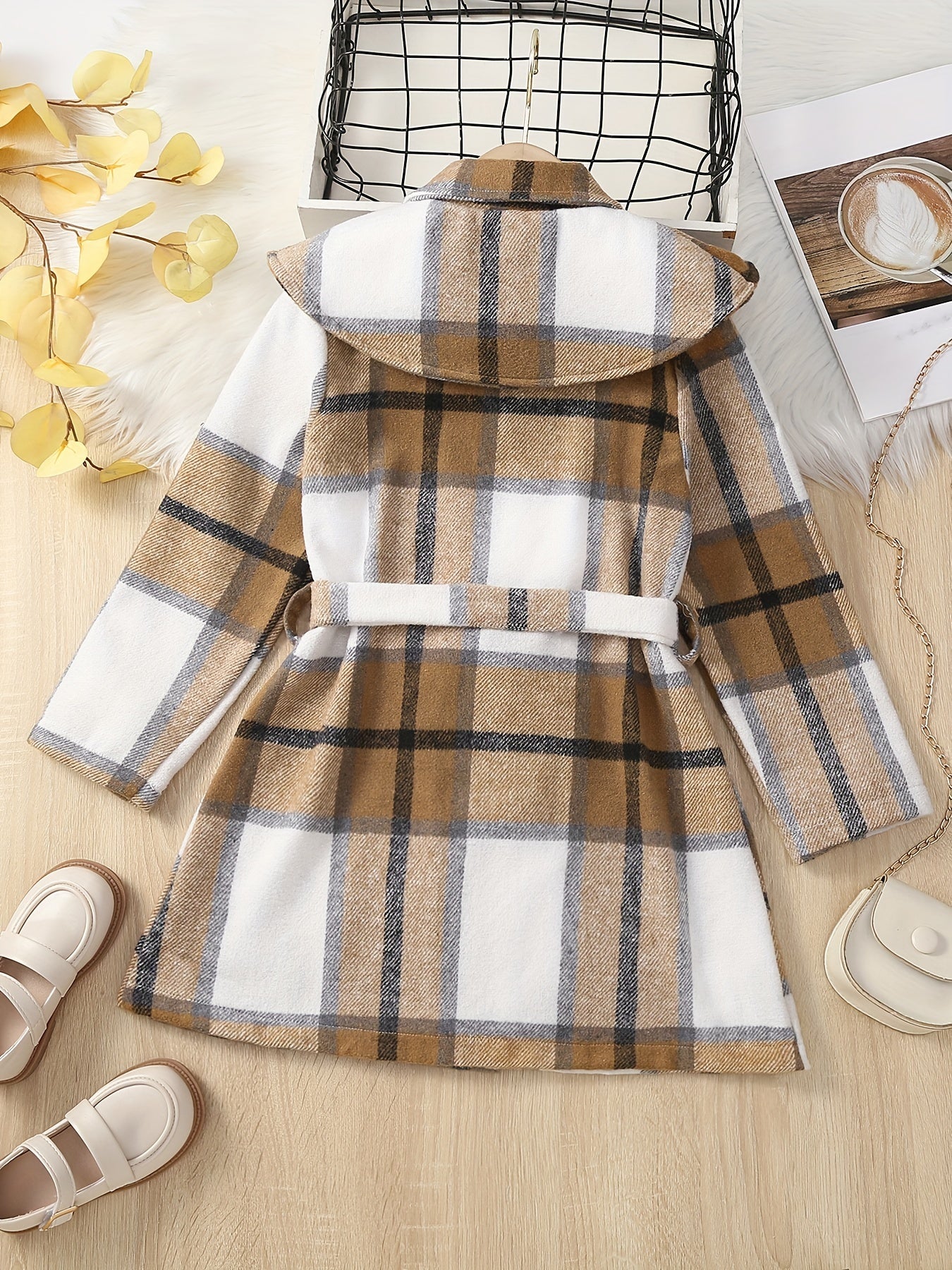 Girls Plaid Pea Coat Round Collar Double Breasted Overcoat