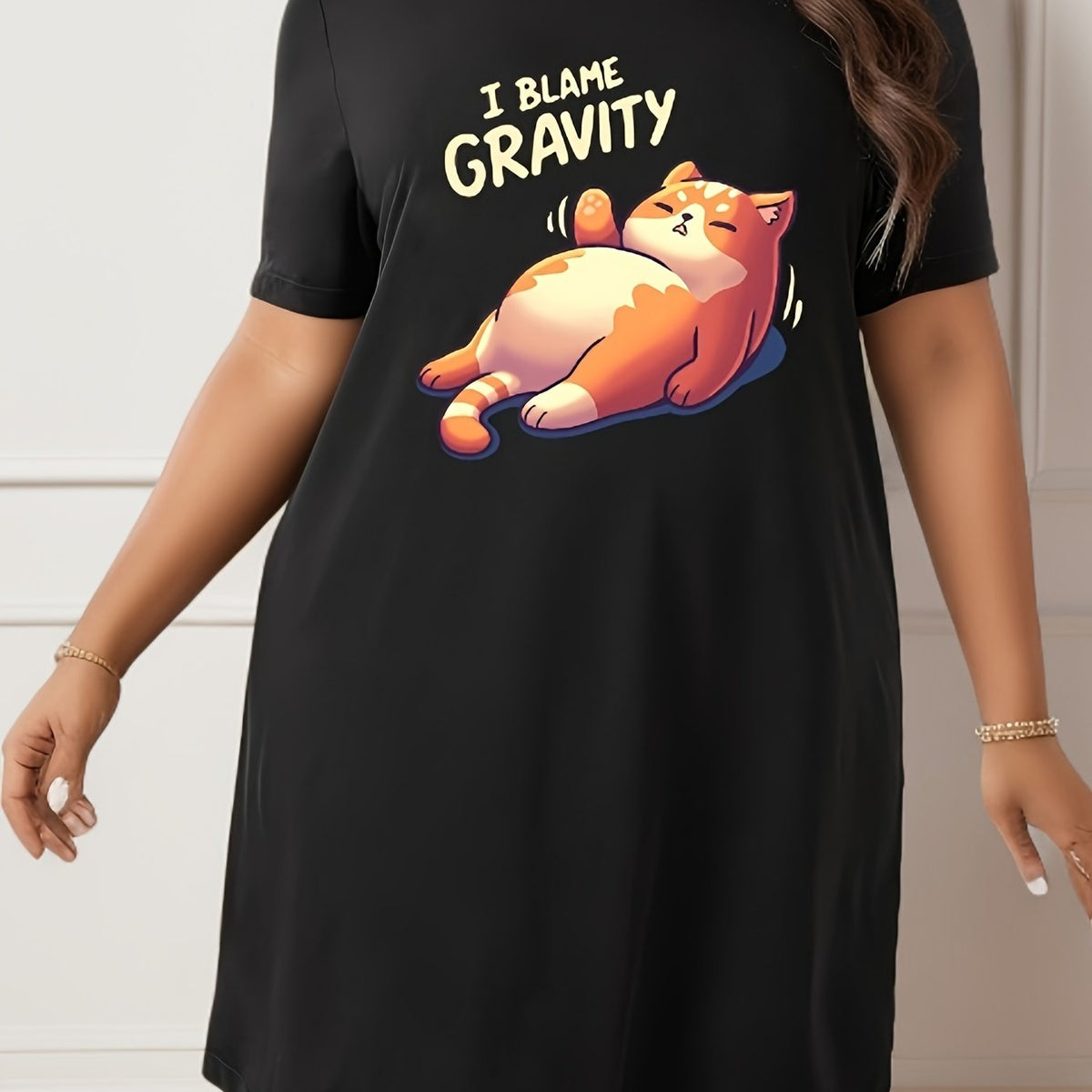  Cat Print Short Sleeve Tee Sleep Dress