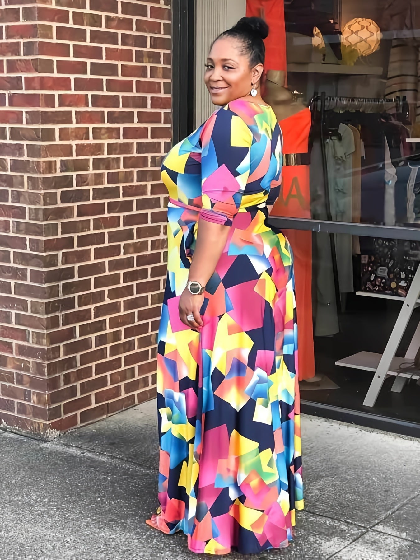  Geometric Print V Neck Long Sleeve Maxi Dress Women's Plus