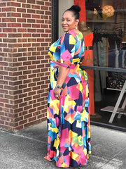 Geometric Print V Neck Long Sleeve Maxi Dress Women's Plus