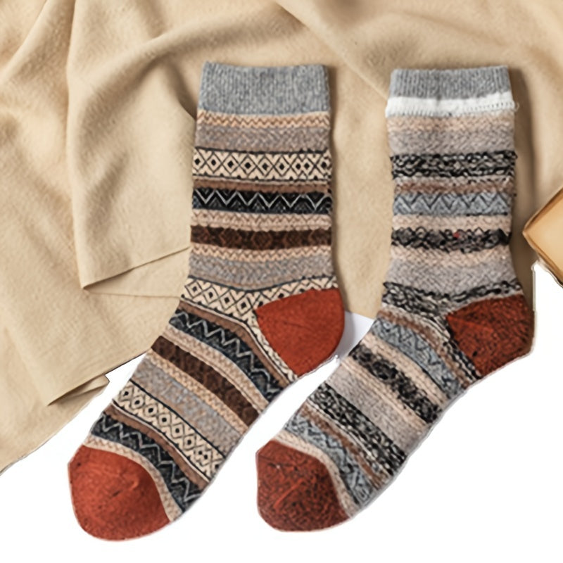5 Pairs Women's Ethnic Style Curry Striped Thick Warm Socks