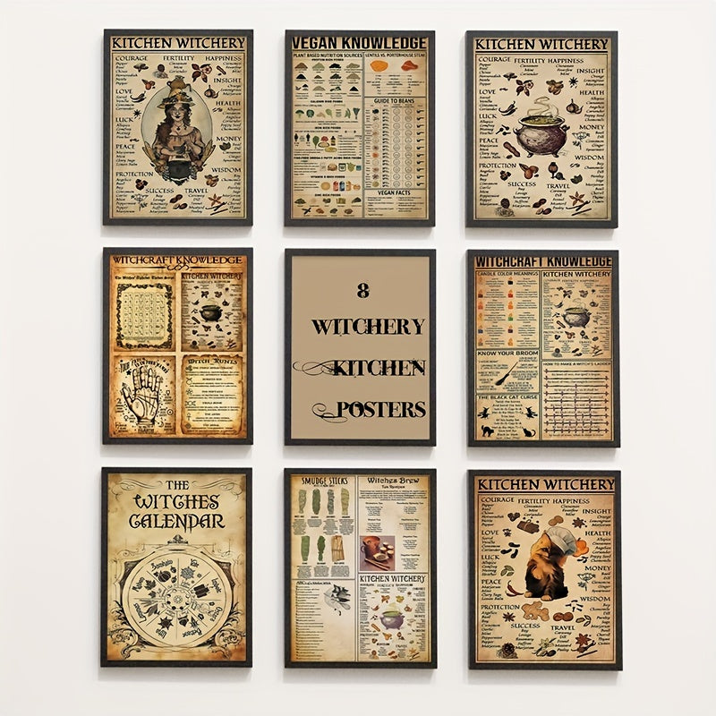 Fantasy Retro Style Witch Cooking Poster Set of 8, A5 Size
