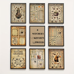Fantasy Retro Style Witch Cooking Poster Set of 8, A5 Size