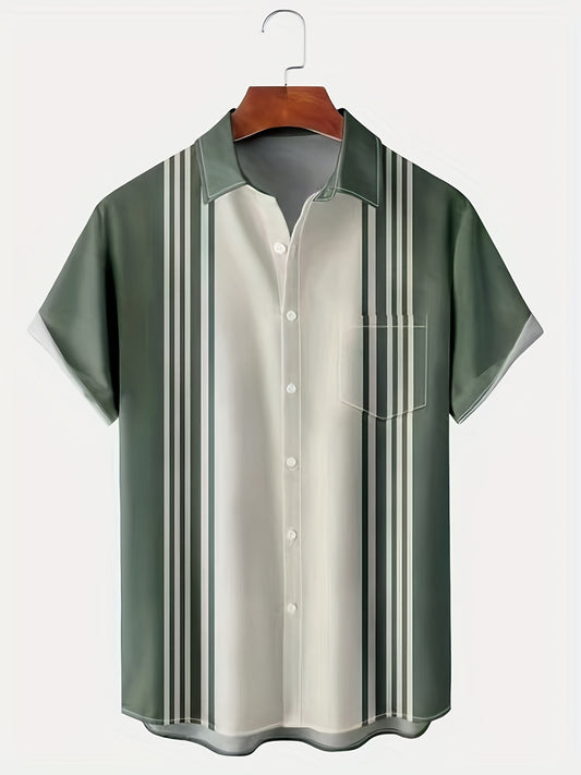 Stripe Print Short Sleeve Hawaiian Shirt Men's Vacation Resort Top