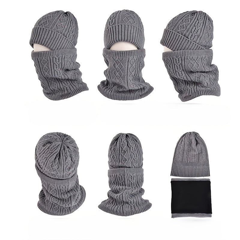 3pcs Winter Knit Gloves Hat Muffler Set Touch Screen Plus Fleece Warm Wool