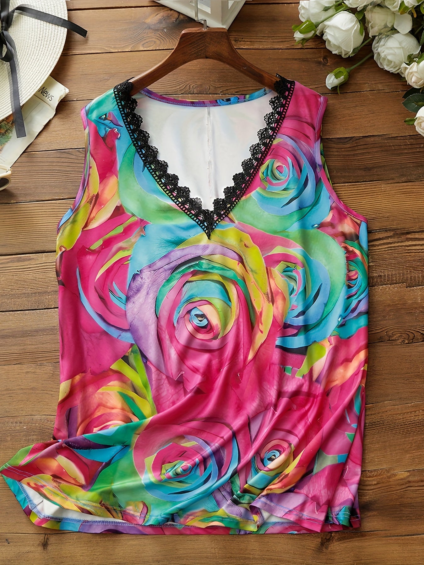 Colorful Rose Print Lace Trim V Neck Plus Size Tank Top