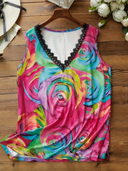 Colorful Rose Print Lace Trim V Neck Plus Size Tank Top