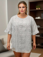  Dot Print Ruffle Trim Blouse Short Sleeve Top