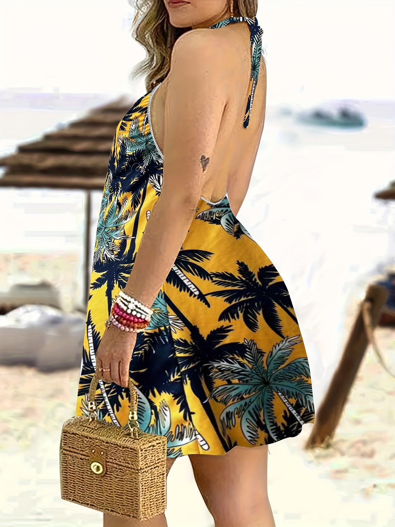  Coconut Tree Print Halter Neck Nightgown