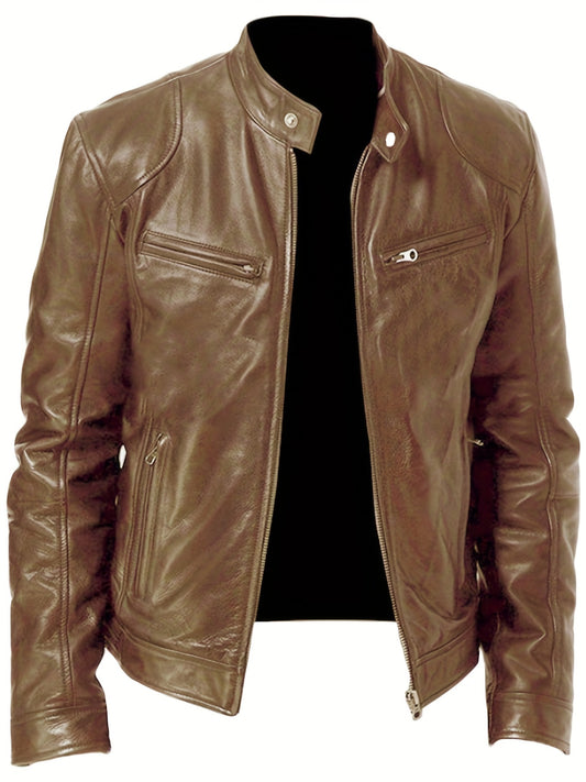 Men's Casual Zip Up PU Jacket Stand Collar Faux Leather Spring Fall