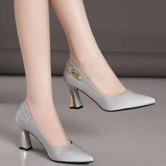 Women's Chain Decor Chunky Heels Faux Leather Pumps Pointed Toe