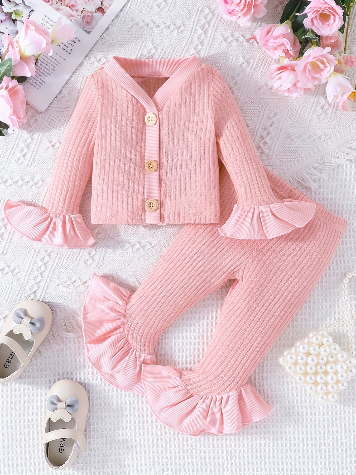 Baby Girls Flared Cuff Cardigan Top Flared Pants Set