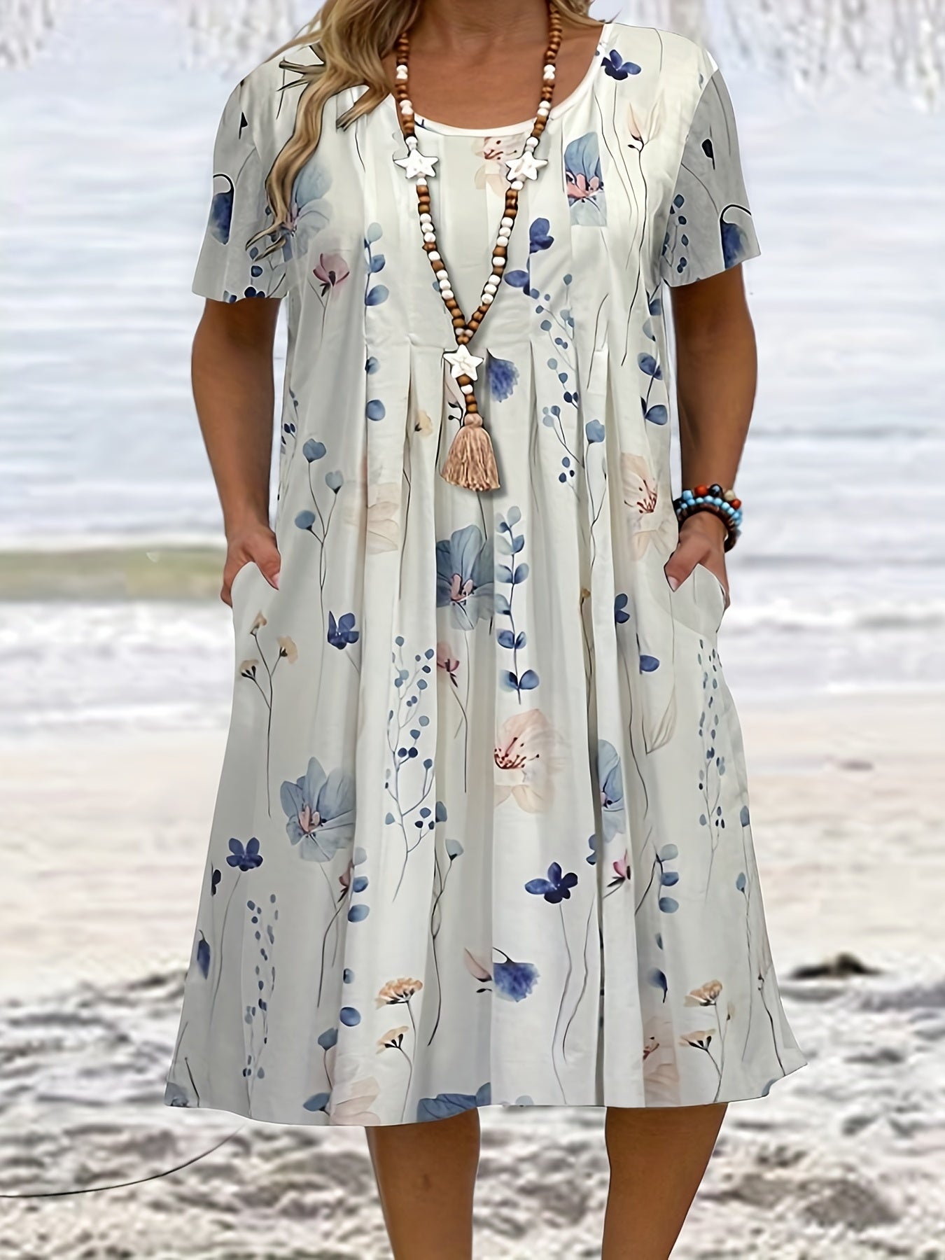  Floral Print Short Sleeve Pleated Dress With Pockets